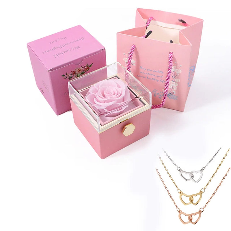 Eternal Rose Box with Heart Necklace Rotating Rose Flower Rose Creative Rotating Rose Jewelry Box Mother'S Day Gift for Women