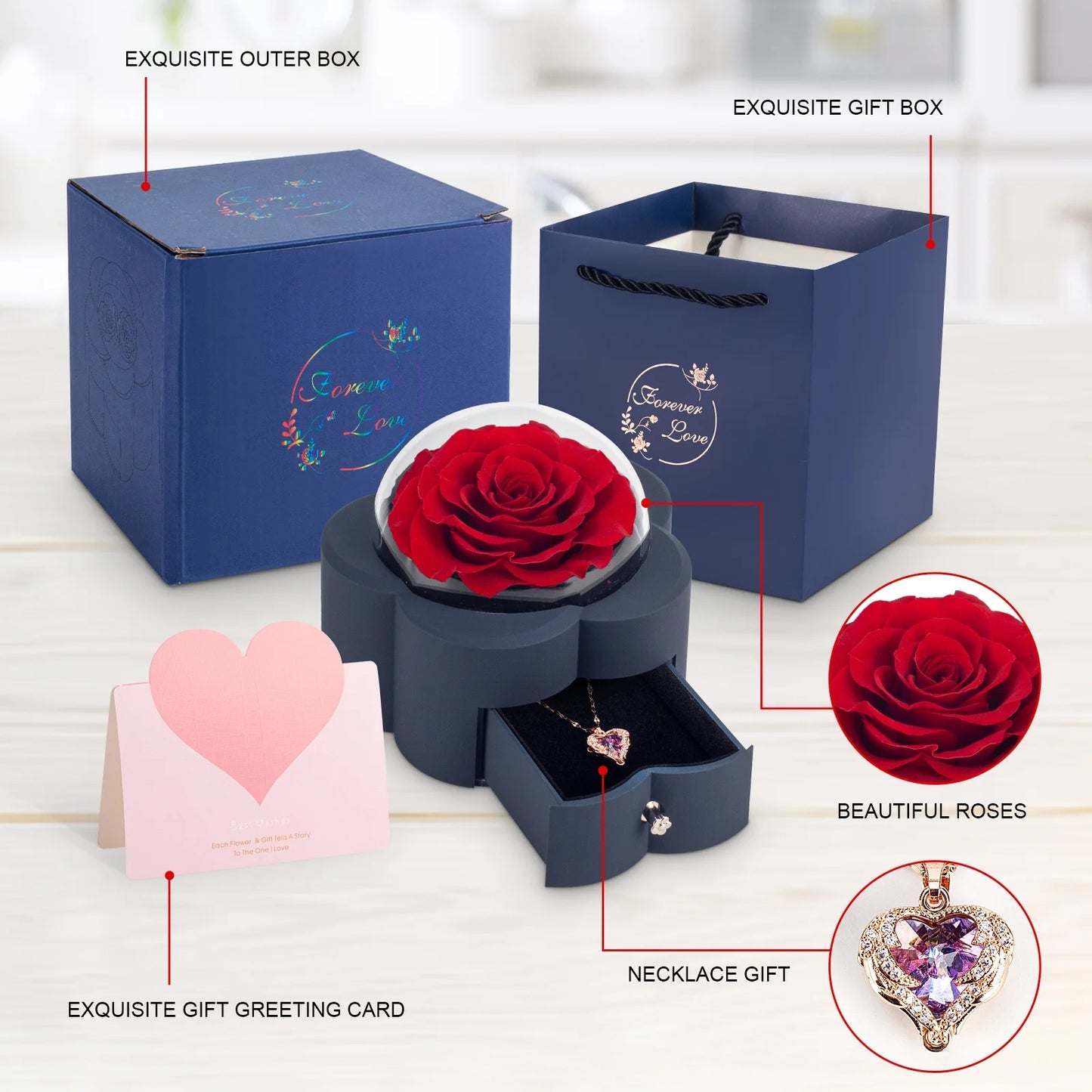Preserved Red Rose with Elegant Necklace Gift Box