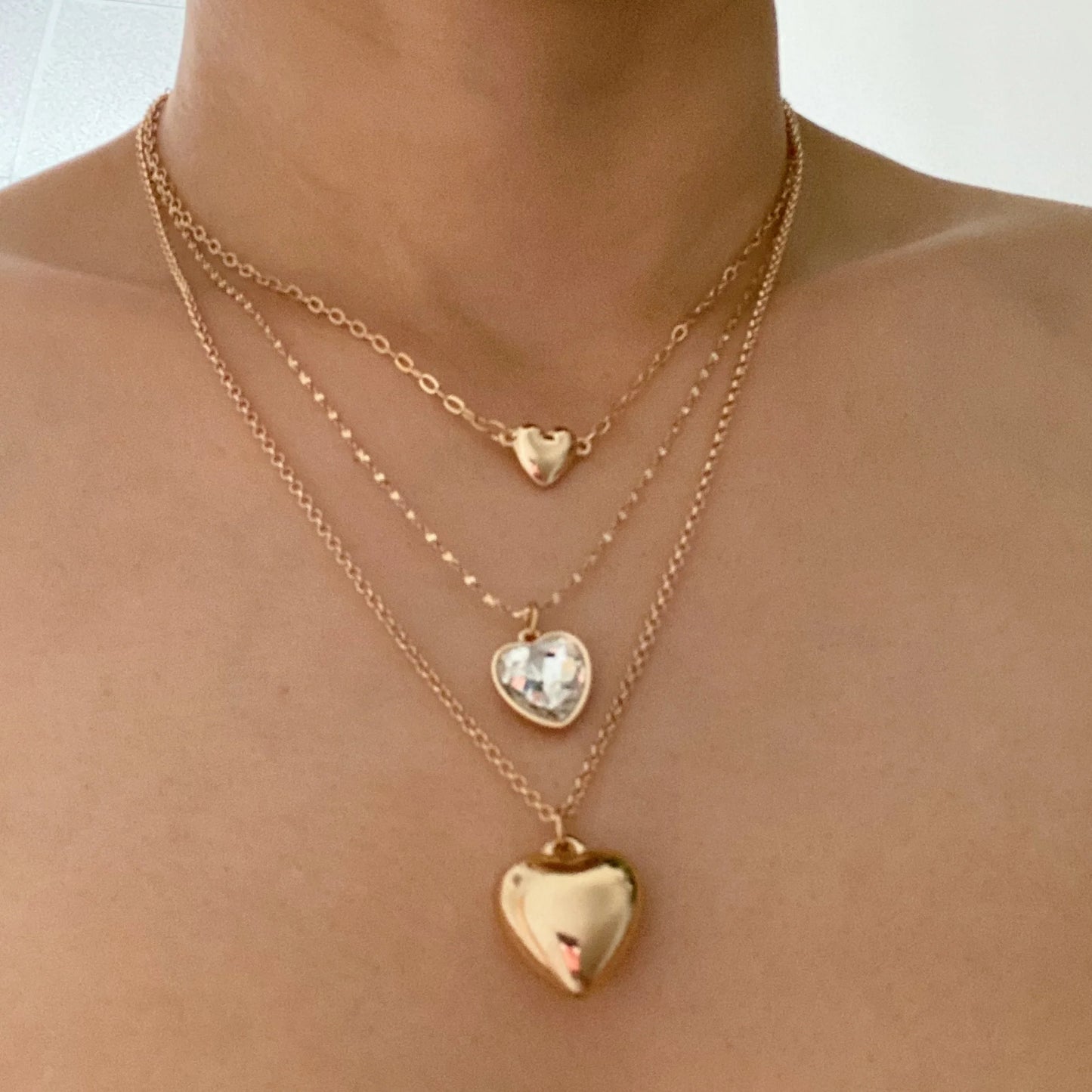 Triple Heart Pendant Necklace Set - Elegant Gold-Plated Set of 3